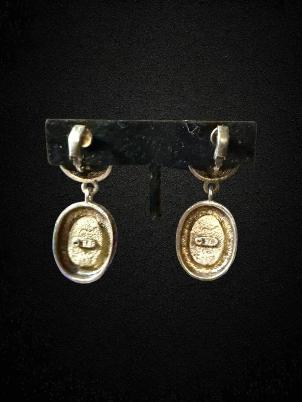 Vintage Goldstone Clip On Earrings Silver Tone Dangle Artisan Retro